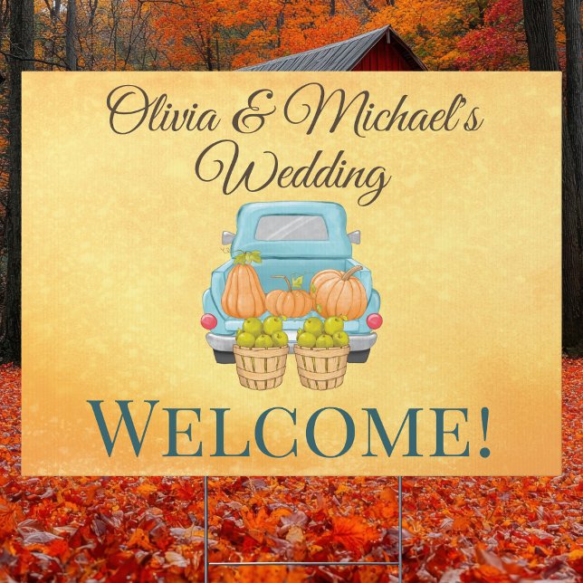 Fall Autumn Wedding Welcome Sign (“Rustic fall wedding sign with vintage truck, pumpkins, and apples. Perfect for barn weddings.)