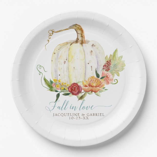 Fall Autumn Wedding White Pumpkin Red Floral Paper Plates (Front)