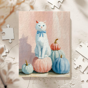 Fall Autumn White Cat with Pumpkins Jigsaw Puzzle