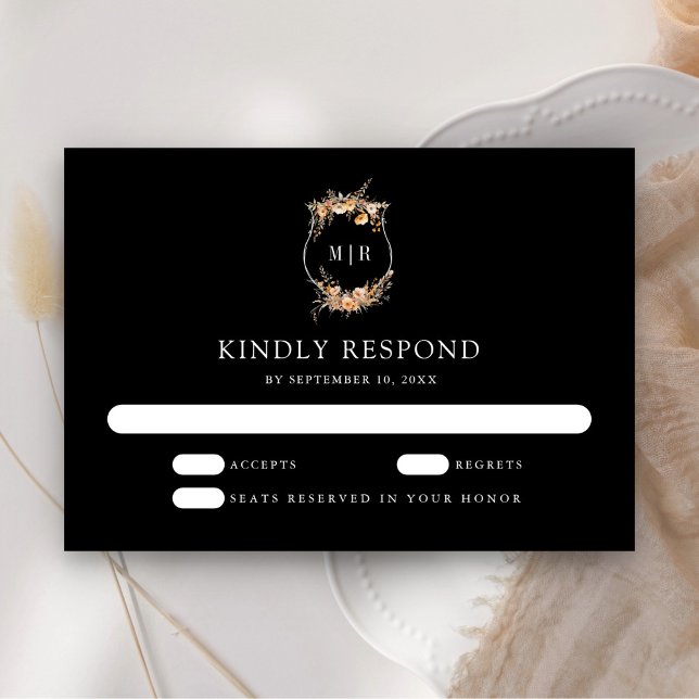 Fall Autumn Wildflower Crest Black Wedding RSVP Card (Creator Uploaded)