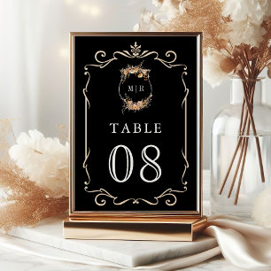Fall Autumn Wildflower Crest Black Wedding Table Number