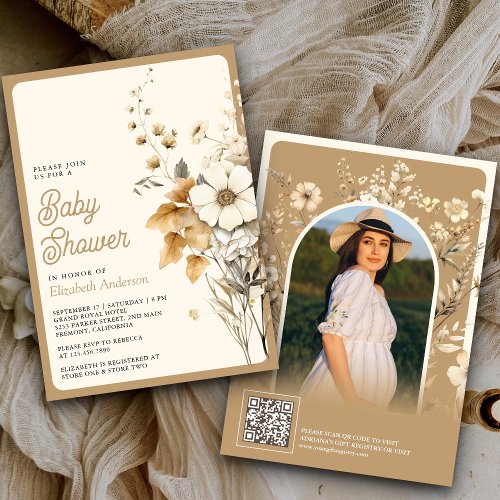 Fall Autumn Wildflower Photo QR Code Baby Shower Invitation