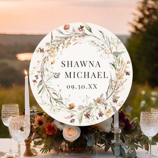 Fall Autumn Wildflower Wreath Watercolor Wedding Classic Round Sticker (Creator Uploaded)