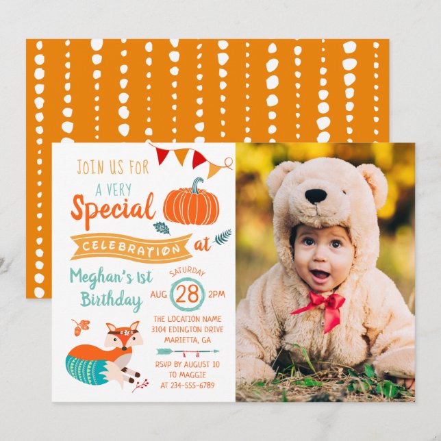 Fall Autumn Woodland Fox Pumpkin Photo Birthday Invitation (Front/Back)