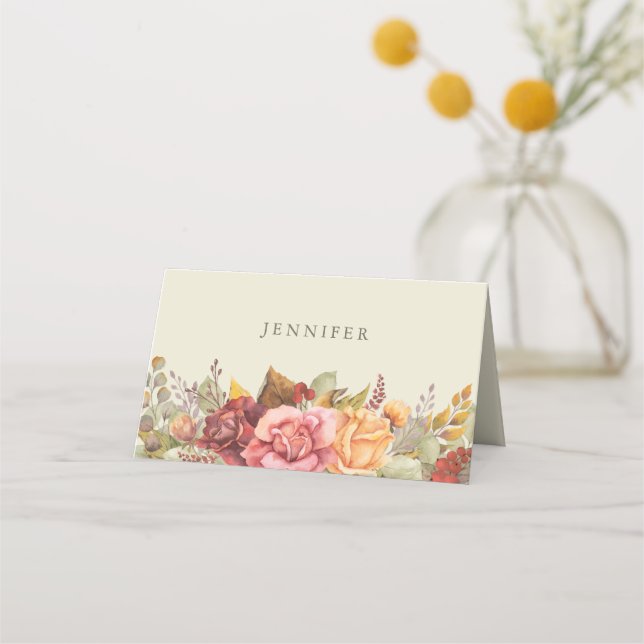 Fall/Autumnal Floral Border Thanksgiving Folded Place Card (Front)