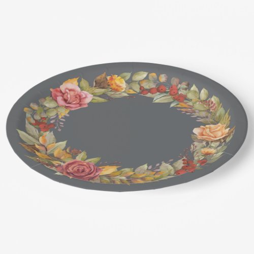 FallAutumnal Floral Wreath Thanksgiving Paper Plates