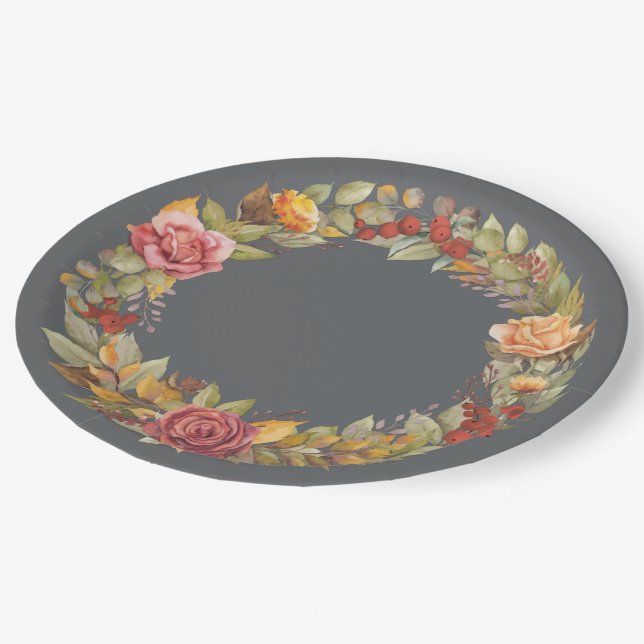 Fall/Autumnal Floral Wreath Thanksgiving Paper Plates (Angled)