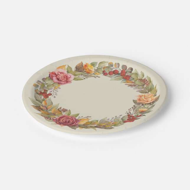 Fall/Autumnal Floral Wreath Thanksgiving Paper Plates (Angled)