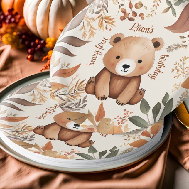 Fall Baby Bear One Year Old Birthday Beary First Paper Plates (Cute Fall baby bear first birthday party paper plates)