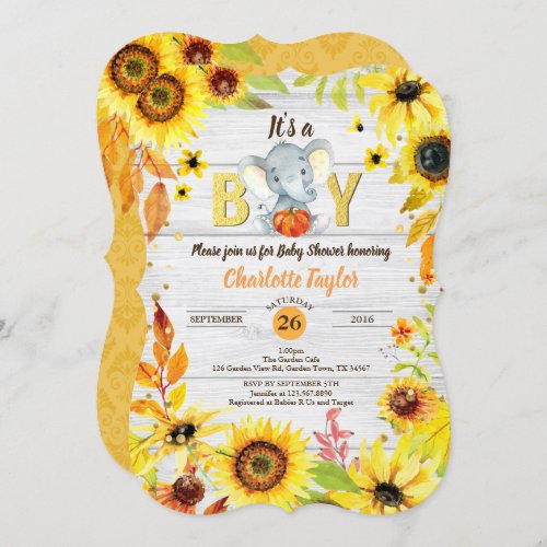 Fall baby boy shower invitation sunflower elephant