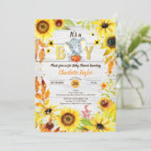 Fall baby boy shower invitation sunflower elephant (Standing Front)