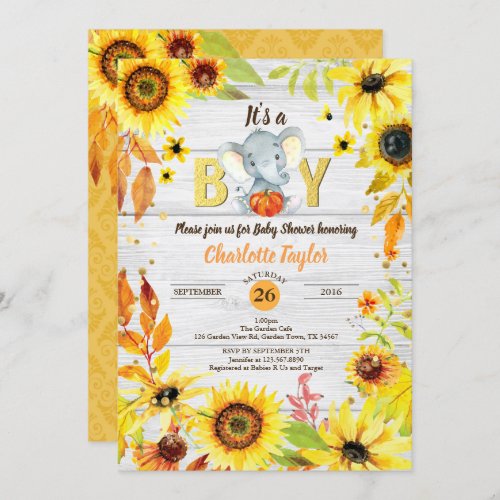 Fall baby boy shower invitation sunflower elephant