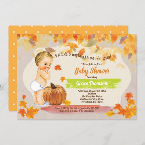 Fall baby boy shower vintage retro pumpkin invitation