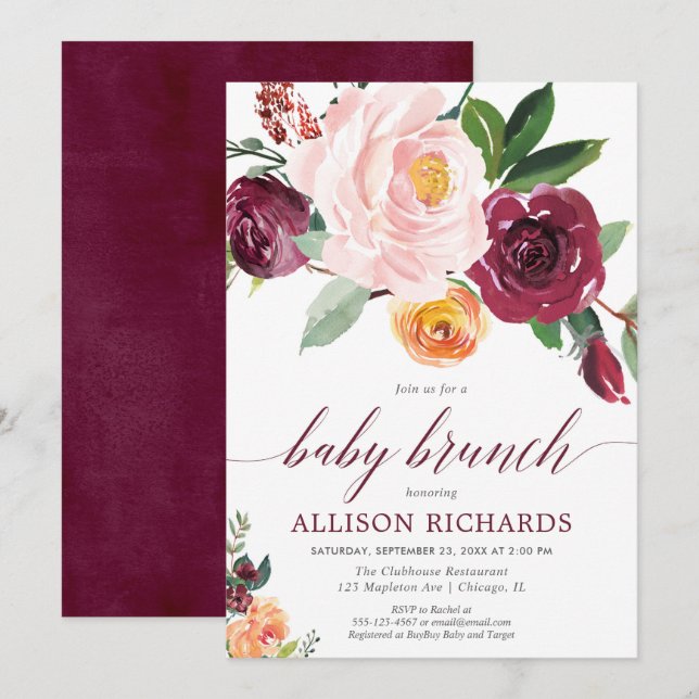 Fall baby brunch, girl baby shower pink burgundy invitation (Front/Back)