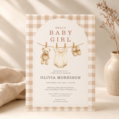Fall Baby Girl Clothesline Gingham Baby Shower Invitation