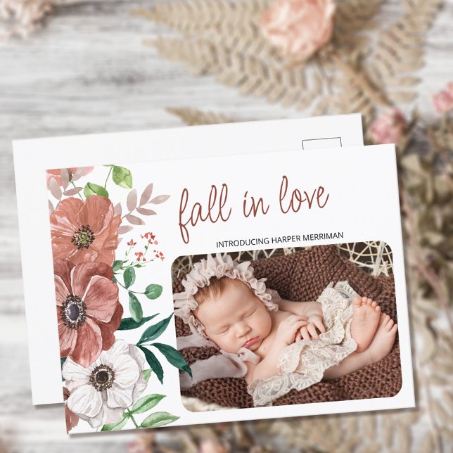 Fall Baby Photo Autumn Flowers Birth Announcement Postcard (Creator Uploaded)