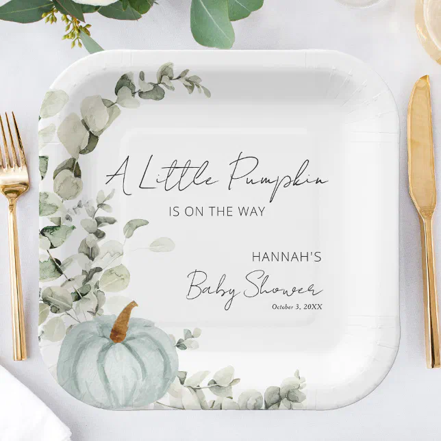 Fall Baby Shower A Little Pumpkin Blue Paper Plates | Zazzle