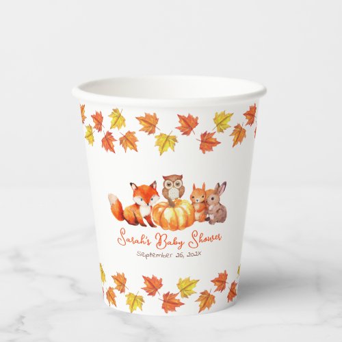 Fall Baby Shower Autumn Leaves Pumpkin and Animals Paper Cups