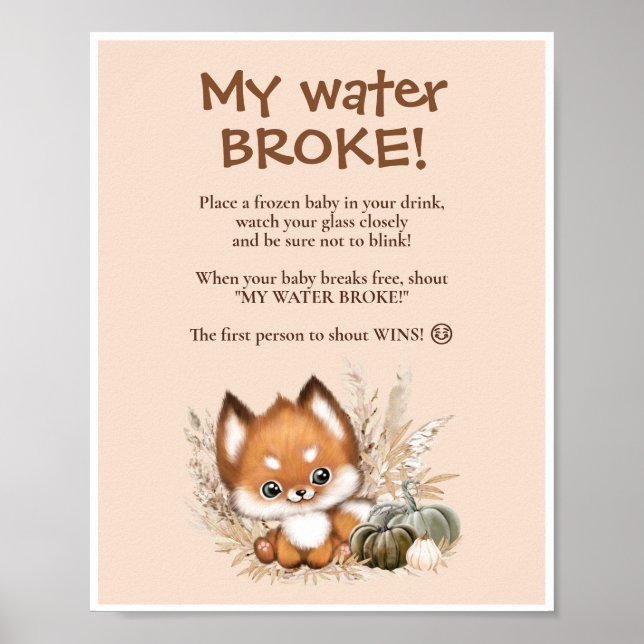 Fall Baby Shower Beige My Water Broke Game Sign (Front)