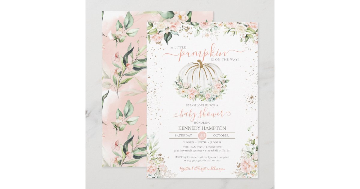 Fall Baby Shower Blush Pink & White Little Pumpkin Invitation | Zazzle
