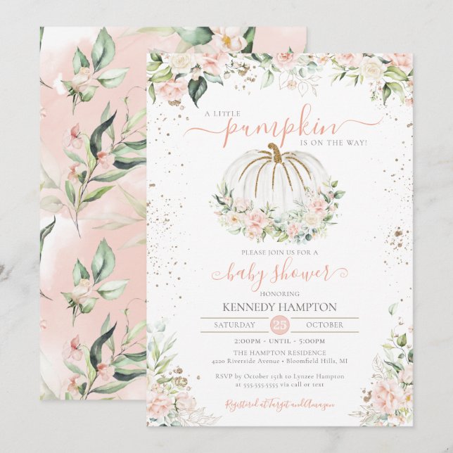 Fall Baby Shower Blush Pink & White Little Pumpkin Invitation (Front/Back)