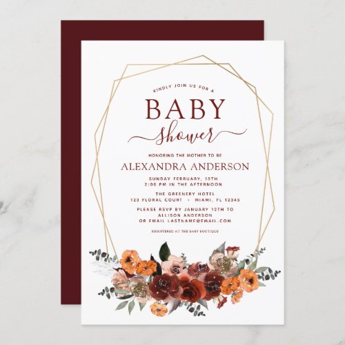 Fall Baby Shower Burgundy Gold Floral Invitation