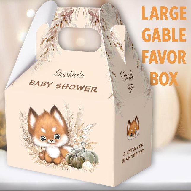 Fall Baby Shower Cute Fox Pumpkin Large Favor Box (Cute Fox Beige Large Gable Favor Boxes - You can choose from 3 sizes of these gable favor boxes)