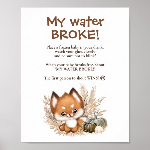 Fall Baby Shower Fox My Water Broke Game Sign