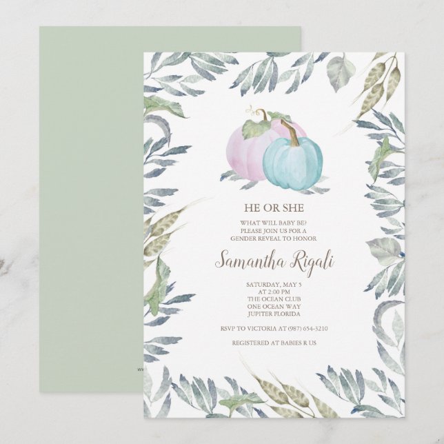 Fall Baby Shower Gender Reveal Pumpkin Invitation (Front/Back)