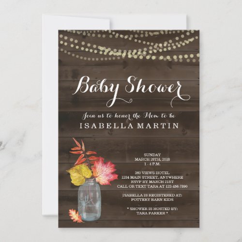 Fall Baby Shower Invitation - Fall in love. . . .  Hand drawn Watercolor fall leaves and mason jar complement the season beautifully.