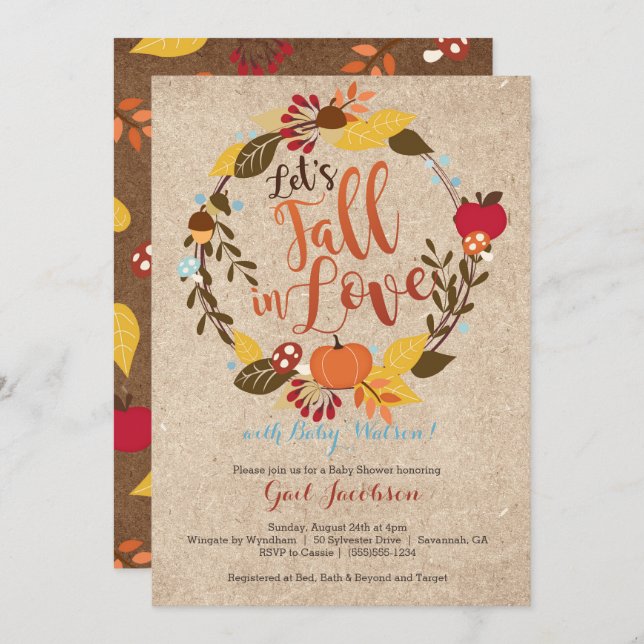 Fall Baby Shower Invitation - "Fall in Love" Blue (Front/Back)