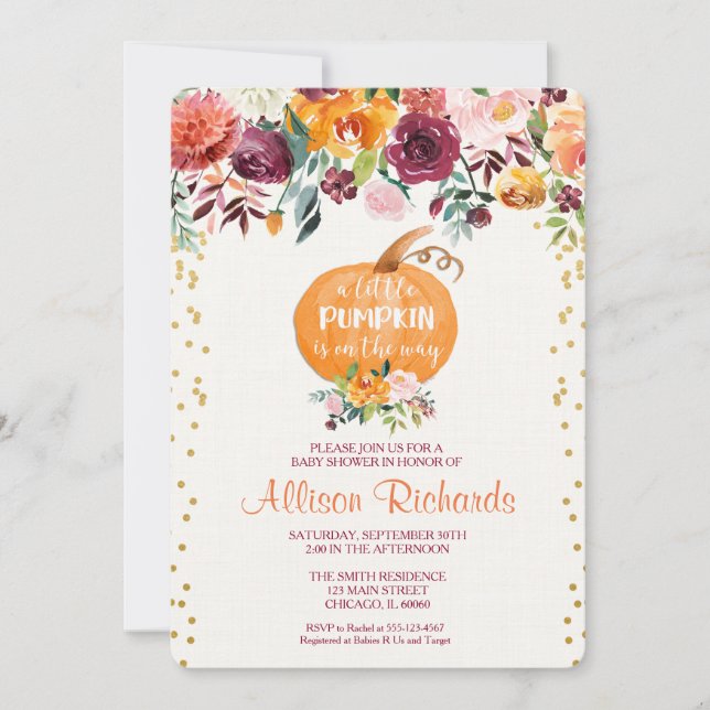 Fall baby shower invitation, pumpkin baby shower invitation (Front)