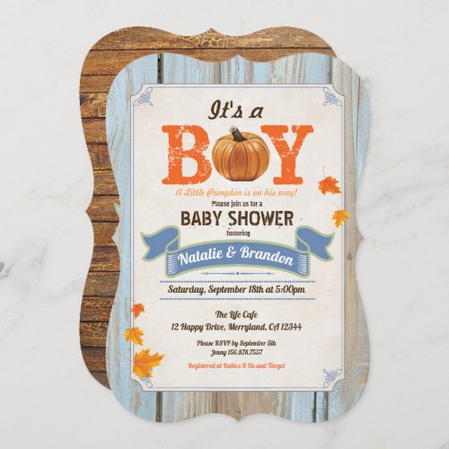 Fall baby shower invitation rustic pumpkin wood