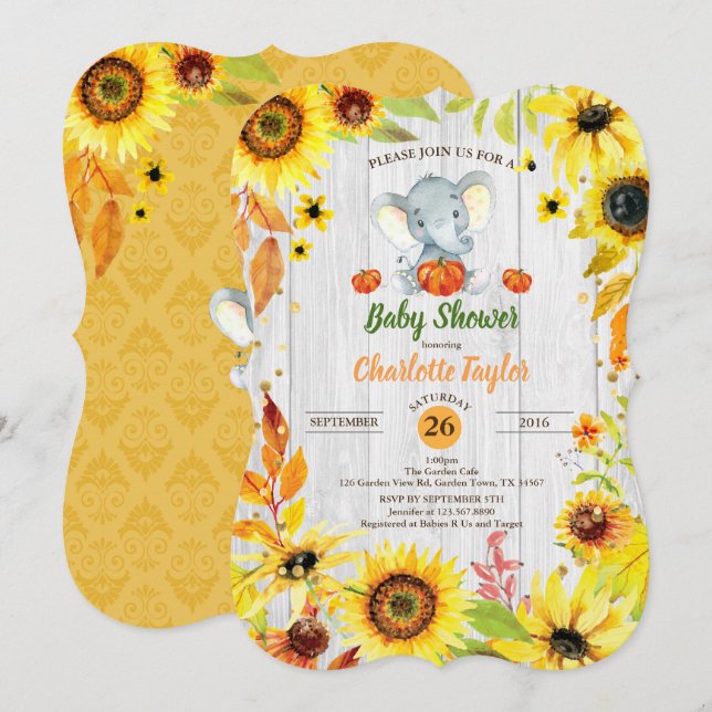 Fall baby shower invitation sunflower elephant (Front/Back)
