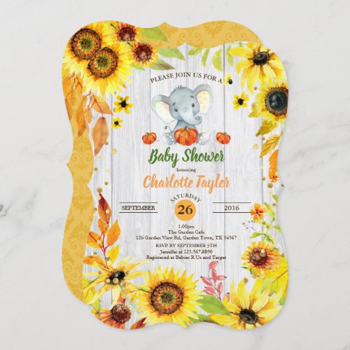 Fall baby shower invitation sunflower elephant