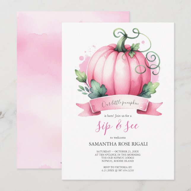 Fall Baby Shower Little Pumpkin Sip and See Invitation (Front/Back)