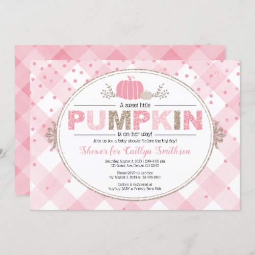 Fall baby shower pink gold pumpkin girl shower invitation