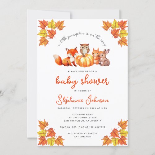 Fall Baby Shower Pumpkin Autumn Leaves Animals Invitation