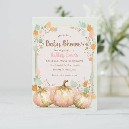 Fall Baby shower pumpkin invitation pink gold