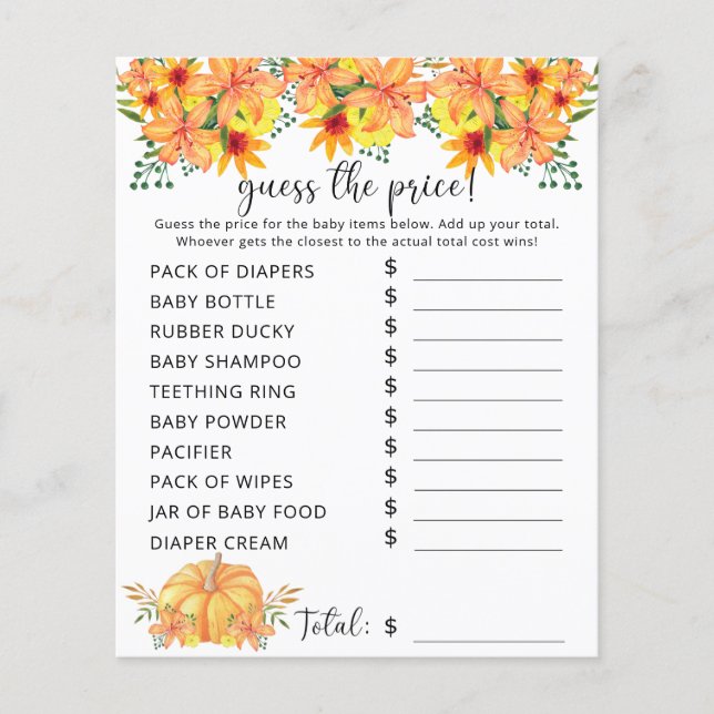 Fall Baby Shower | Pumpkin Price Guess Game (Front)