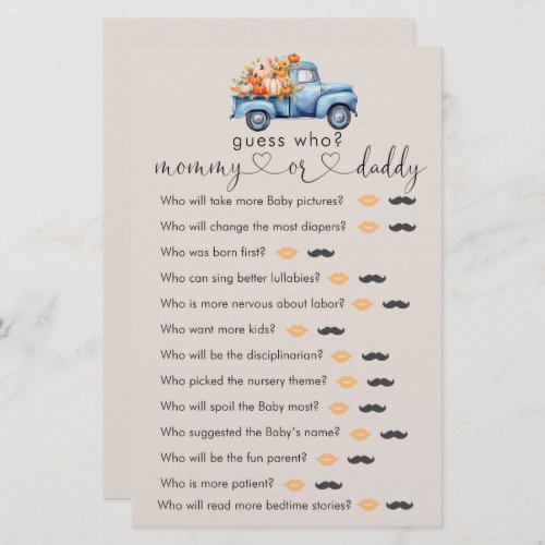 Fall Baby Shower Pumpkin Truck Guess Who Game