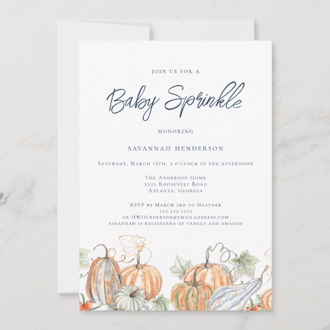 Fall Baby Shower Sprinkle Pumpkin Blue Invitation (Front)