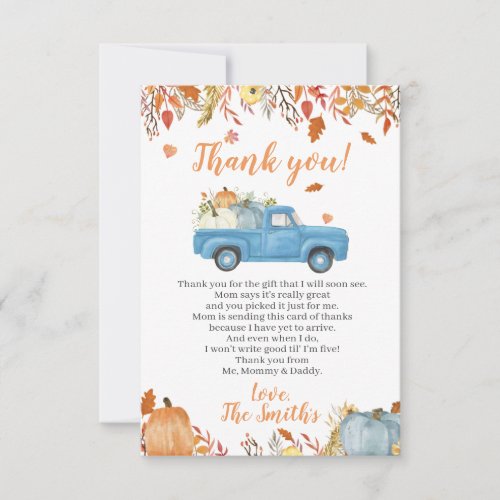 Fall Baby Shower Thank You Cards for a Boy Truck