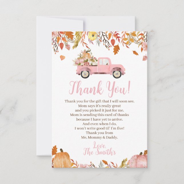 Fall Baby Shower Thank You Cards for a Girl (Front)