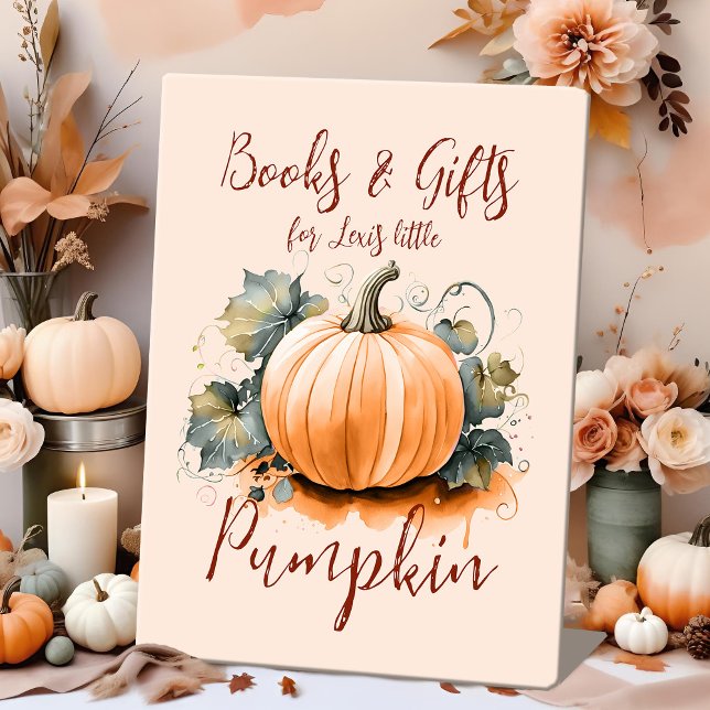 Fall Baby Shower Watercolor Pumpkin Gift Table Pedestal Sign (Fall baby shower gift table Pumpkin sign, a decoration idea with a boho chic gender neutral theme.)