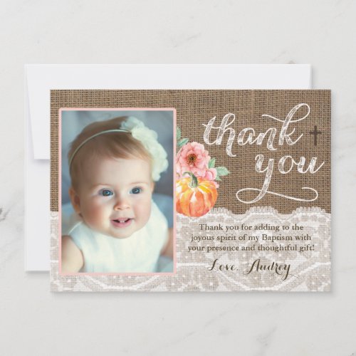 Fall Baptism Birthday Thank You Card with Pumpkin