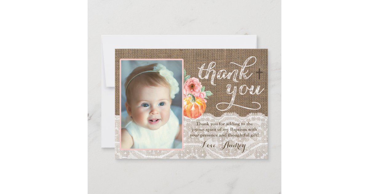 Fall Baptism Birthday Thank You Card with Pumpkin | Zazzle