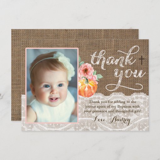 Fall Baptism Birthday Thank You Card with Pumpkin | Zazzle