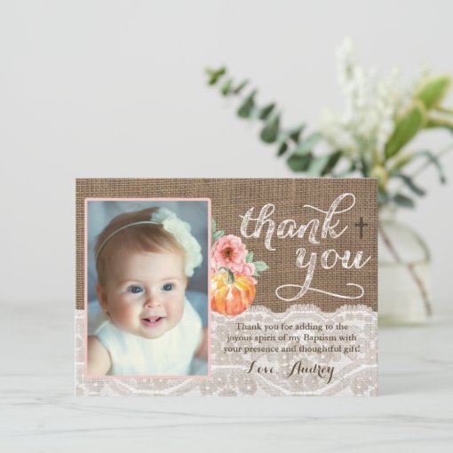 Fall Baptism Birthday Thank You Card with Pumpkin | Zazzle