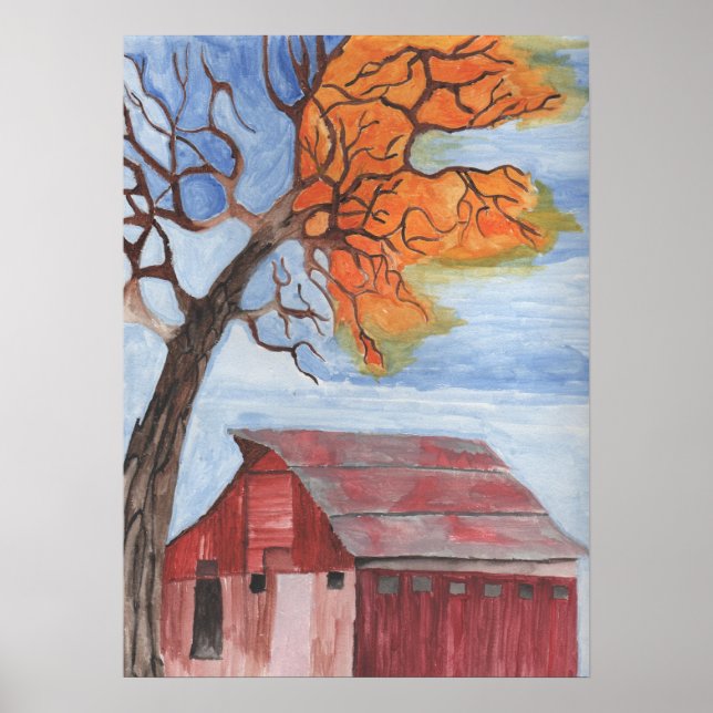 Fall Barn Water Color Pastel Poster (Front)